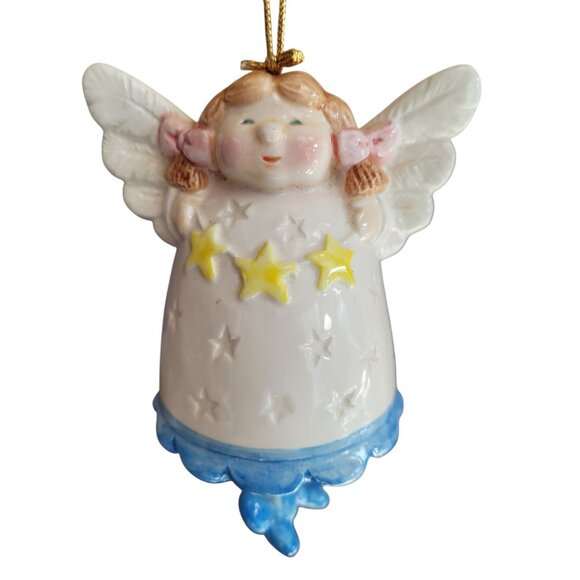 Vtg Ceramic Angel Bell Christmas Ornament 4.5" Figurine Brown Pigtails Taiwan - Picture 2 of 8